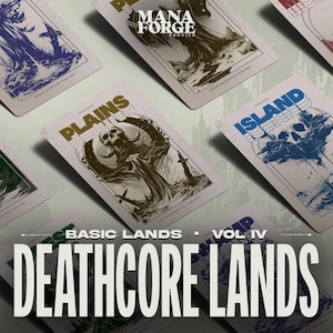 May include: A collection of fantasy-themed trading cards. The cards feature illustrations of landscapes and creatures in various colors, including blue, green, and red. The text "PLAINS" and "ISLAND" are visible on some cards. The words "BASIC LANDS VOL IV" and "DEATHCORE LANDS" are also present.