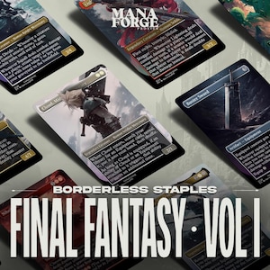 May include: A collection of Final Fantasy Vol. I trading cards, featuring various characters and items. The cards have a borderless design and include text descriptions and stats. The image also displays the text "BORDERLESS STAPLES" and "FINAL FANTASY - VOL I".