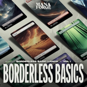 Puede incluir: Una colección de cartas de terreno básico sin bordes con diversas ilustraciones de paisajes. Las cartas presentan imágenes de llanuras, bosques, montañas, pantanos e islas. El texto "BORDERLESS BASICS VOL. 1" se muestra.