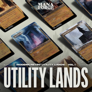 May include: A collection of Magic: The Gathering cards, featuring various land cards with unique artwork and text. The cards have a retro design with a gold and black color scheme. The text "MODERN RETRO UTILITY LANDS - VOL I" and "UTILITY LANDS" are displayed.