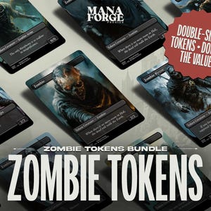 May include: A collection of double-sided Zombie Tokens for a card game. The tokens feature various zombie illustrations with stats and abilities. The image includes the text "DOUBLE-SIDED TOKENS - DOUBLE THE VALUE" and "ZOMBIE TOKENS BUNDLE".