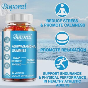 May include: A clear bottle of Buporai Ashwagandha Gummies with a white cap. The label is blue and white, with text indicating the gummies help reduce stress, promote relaxation, and support endurance. The bottle contains 60 gummies.