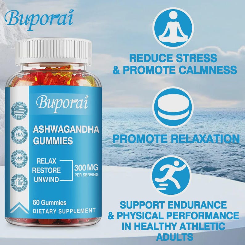 May include: A clear bottle of Buporai Ashwagandha Gummies with a white cap. The label is blue and white, with text indicating the gummies help reduce stress, promote relaxation, and support endurance. The bottle contains 60 gummies.