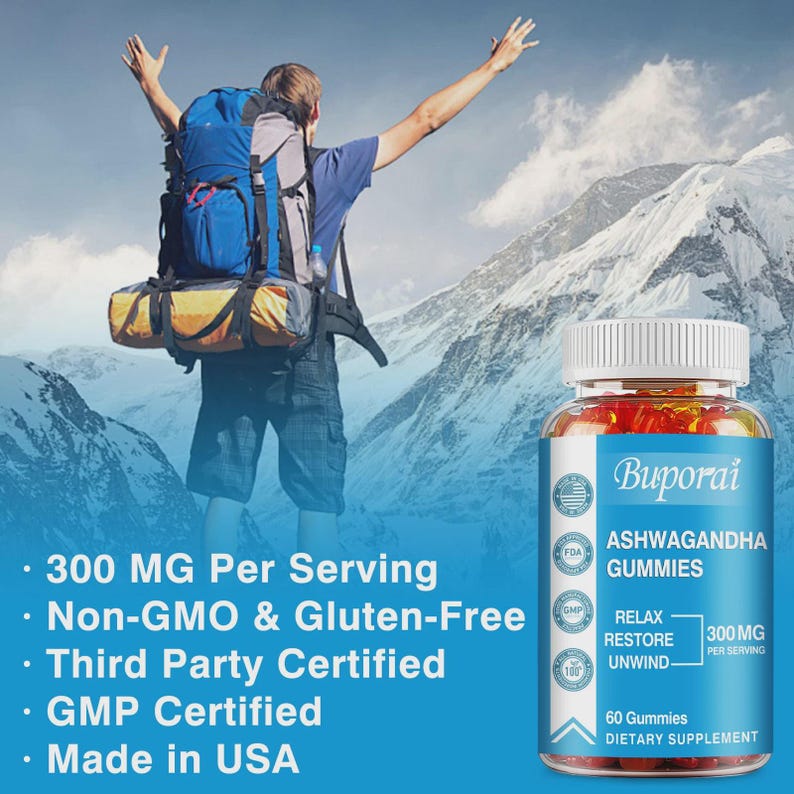 May include: A clear bottle of Buporai Ashwagandha Gummies with a white lid. The label indicates 300 MG per serving, non-GMO, and gluten-free. The background features a person with a backpack, arms raised, in front of a mountain range.