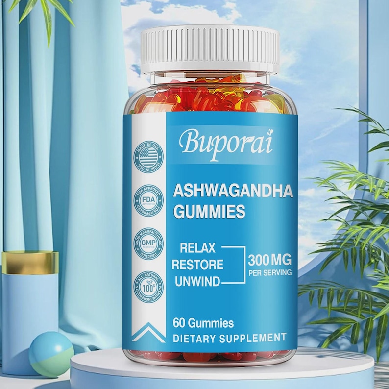 May include: A clear plastic bottle of Buporai Ashwagandha Gummies with a white lid. The label is blue and white, with text that reads "RELAX, RESTORE, UNWIND." The bottle contains 60 gummies and is a dietary supplement.