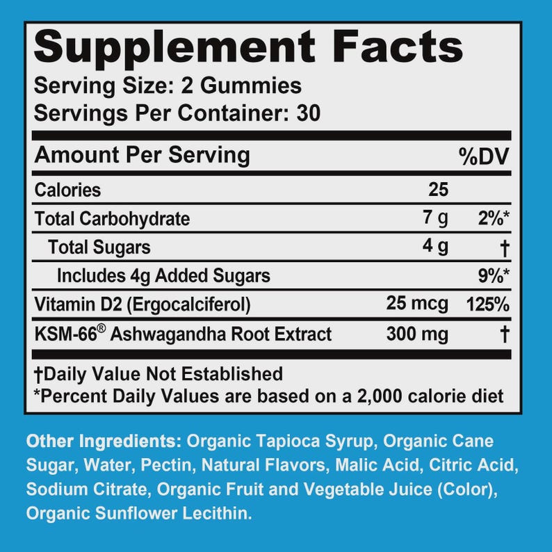 May include: A nutrition facts label for a supplement, with a blue background and white text. The label details serving size, calories, and the amounts of carbohydrates, sugars, and other ingredients. The text includes "Supplement Facts" and "KSM-66&reg; Ashwagandha Root Extract".