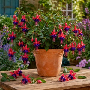May include: A potted fuchsia plant with vibrant, pendulous flowers featuring bright pink sepals and deep purple petals. The plant is housed in a terracotta-colored pot, with several detached blossoms resting on the wooden surface in front of it.