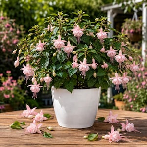 May include: A potted fuchsia plant with numerous delicate, light pink, bell-shaped flowers and dark green leaves. The plant is housed in a smooth, white, tapered ceramic pot. Several fallen pink fuchsia blossoms are scattered on the wooden surface.