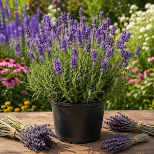 May include: A potted lavender plant with vibrant purple flower spikes and green foliage sits in a black plastic container. Two bundles of dried lavender stems tied with twine are placed on the wooden surface in front of the plant.