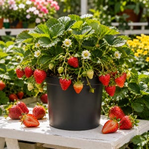May include: A potted strawberry plant in a black container featuring vibrant green leaves, small white flowers, and numerous ripe red strawberries. Several whole and halved strawberries are arranged on the white surface around the base.