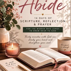May include: A devotional guide titled Abide: 14 Days of Scripture, Reflection & Prayer. The image features an open book, a gold pen, a lit candle in a ribbed glass, and a mug with the text His grace is enough, alongside a notebook with Psalm 46:10.