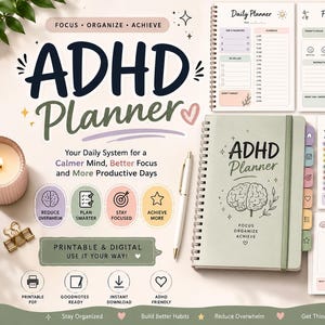 Puede incluir: Una agenda ADHD de espiral con cubierta verde salvia, una ilustración de un cerebro y el texto ADHD Planner Focus Organize Achieve. Incluye varios diseños de páginas internas como planificadores diarios, semanales y de hábitos.