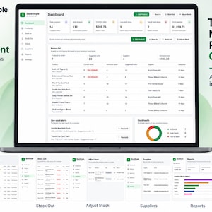 May include: A laptop screen displaying the StockSimple inventory management dashboard with a white interface, green accents, and data tables. Below the main screen are smaller thumbnails showing the Products, Stock Out, Adjust Stock, Suppliers, Reports, and Settings pages.