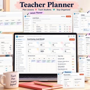 May include: A digital teacher planner displayed on a laptop screen, featuring sections for weekly planning, lessons, calendars, classes, students, attendance, grades, and assignments. A white mug with the text Teach Plan Inspire Repeat sits nearby.