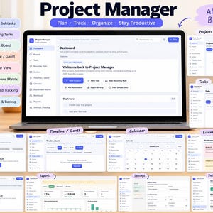Può includere: Un'interfaccia di applicazione browser Project Manager visualizzata su uno schermo di un portatile, con dashboard, elenchi di progetti, visualizzazioni attività, attività ricorrenti, bacheca Kanban, cronologia Gantt, calendario e report.