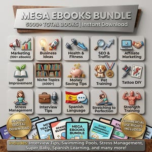 Puede incluir: Una pantalla de producto digital titulada MEGA EBOOKS BUNDLE 5000+ TOTAL BOOKS | Instant Download. Presenta quince iconos cuadrados que representan categorías como marketing, negocios, fitness, SEO y entrenamiento de mascotas, además de dos insignias circulares doradas.