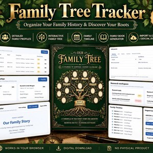 May include: A digital Family Tree Tracker app interface featuring a dark green journal cover titled Our Family Tree, surrounded by software panels displaying family profiles, research workspaces, timelines, and import/export options for genealogy data.