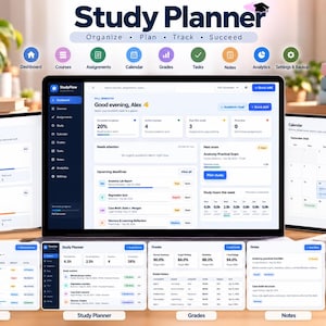 Puede incluir: Una interfaz de planificador de estudios digital mostrada en varias pantallas, con un panel de control con barras de progreso, listas de cursos, seguimiento de tareas, vista de calendario, resúmenes de notas y menús de configuración. El diseño utiliza un esquema de color azul oscuro y blanco con iconos de navegación y el texto Study Planner, Organize, Plan, Track, Succeed.