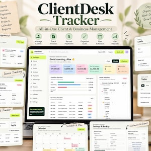 Könnte beinhalten: Ein digitales ClientDesk Tracker-Dashboard auf einem Laptop-Bildschirm mit Modulen für Kundenverwaltung, Rechnungsverfolgung, Zahlungsüberwachung, Aufgabenorganisation, Lead-Management und Systemeinstellungen mit klaren Textbeschriftungen.