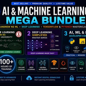 Puede incluir: Un paquete educativo digital titulado AI & MACHINE LEARNING MEGA BUNDLE que incluye secciones sobre Machine Learning de Andrew Ng, Deep Learning Simplified y una colección de desarrolladores AI, ML & DL con iconos de Python, JS y C++.