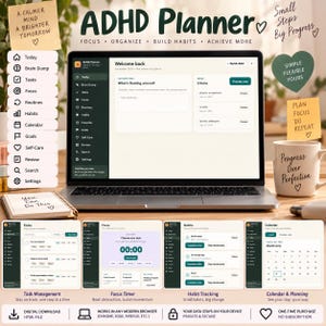 Puede incluir: Un planificador digital para TDAH en la pantalla de un portátil, con una barra lateral verde oscuro e iconos de navegación. La pantalla muestra un panel de control, gestión de tareas, temporizador, seguimiento de hábitos y vistas de calendario.