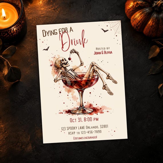 Halloween Party Invitation Template, Adult Halloween Invite, Skeleton Cocktail Party, Editable Canva