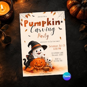 May include: A rectangular invitation card for a Pumpkin Carving Party featuring a ghost in a witch hat, a black cat, and a skeleton carving a pumpkin. Text includes: Join us for a Pumpkin Carving Party, hosted by the Sutton family, Oct 31, 6:00 PM.