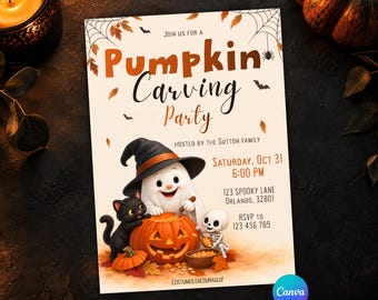 Op de afbeelding: Een rechthoekige uitnodigingskaart voor een pompoensnijfeest met een geest in een heksenhoed, een zwarte kat en een skelet dat een pompoen snijdt. De tekst bevat: Join us for a Pumpkin Carving Party, hosted by the Sutton family.