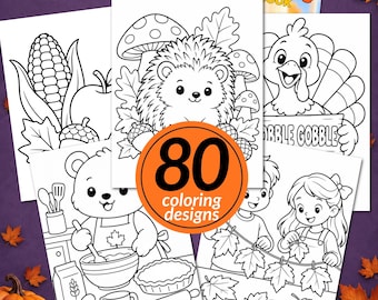 Op de afbeelding: Een verzameling kleurplaten met Thanksgiving-thema, waaronder een egel, een kalkoen met de tekst Gobble Gobble, een beer die bakt en kinderen die versieren met bladeren. Een oranje cirkelvormig label toont 80 coloring designs.