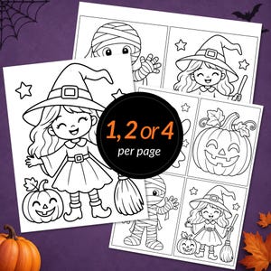 Op de afbeelding: Een set printbare Halloween-kleurplaten met zwart-witte lijntekeningen van een heks, een mummie en een pompoen. Een centrale zwarte cirkel toont de oranje tekst 1, 2 or 4 per page.