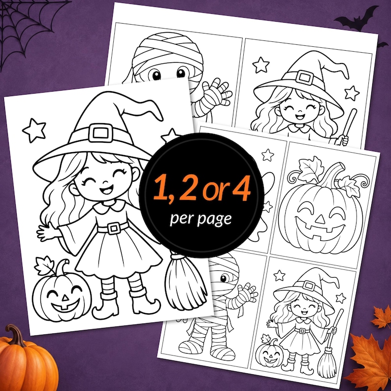 Op de afbeelding: Een set printbare Halloween-kleurplaten met zwart-witte lijntekeningen van een heks, een mummie en een pompoen. Een centrale zwarte cirkel toont de oranje tekst 1, 2 or 4 per page.