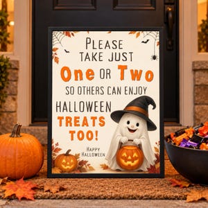 May include: A rectangular framed sign with a white background featuring the text PLEASE TAKE JUST One OR Two SO OTHERS CAN ENJOY HALLOWEEN TREATS TOO! HAPPY HALLOWEEN. A cartoon ghost wearing a witch hat holds a jack-o'-lantern pumpkin.