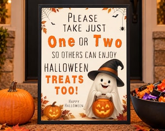 Op de afbeelding: Een rechthoekig ingelijst bord met een witte achtergrond met de tekst PLEASE TAKE JUST One OR Two SO OTHERS CAN ENJOY HALLOWEEN TREATS TOO! HAPPY HALLOWEEN. Een cartoongeest met een heksenhoed houdt een lantaarnpompoen vast.