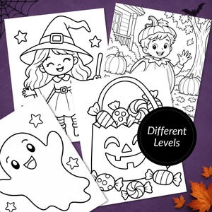 Op de afbeelding: Vier zwart-wit kleurplaten met Halloween-thema's, waaronder een heks, een kind in pompoenkostuum, een geest en een pompoen-snoepmandje, met een zwart rond label met de tekst Different Levels.