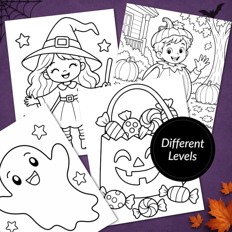 Op de afbeelding: Vier zwart-wit kleurplaten met Halloween-thema's, waaronder een heks, een kind in pompoenkostuum, een geest en een pompoen-snoepmandje, met een zwart rond label met de tekst Different Levels.