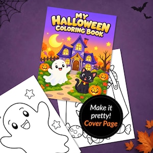 Op de afbeelding: Een Halloween-kleurboek met een paarse kaft met een spookhuis, een geest en een zwarte kat onder een maansikkel. De tekst luidt My Halloween Coloring Book. Inbegrepen zijn zwart-wit kleurplaten met afbeeldingen van geesten en snoep.