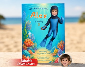 Scuba Diver Photo Birthday Invitation Template, Under the Sea Party