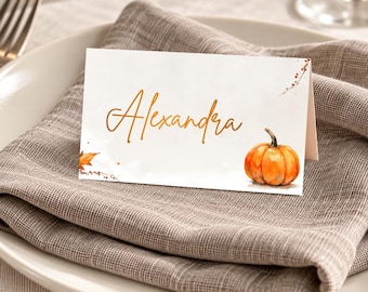 Op de afbeelding: Een wit gevouwen naamkaartje met de naam Alexandra in een gouden cursief lettertype. De kaart is versierd met een aquarelillustratie van een feloranje pompoen en kleine herfstblaadjes in de linkerbenedenhoek.