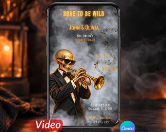May include: A digital invitation on a smartphone screen featuring a skeleton in a black tuxedo and sunglasses playing a gold trumpet. The text reads BONE TO BE WILD, JOHN & OLIVIA, HALLOWEEN'S LOUDEST NIGHT, OCT 31, 8:00 PM, 123 SPOOKY LANE, ORLANDO, FL 32801, RSVP IF YOU DARE 123 456 789.