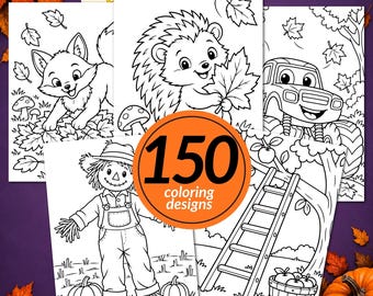 Op de afbeelding: Een verzameling zwart-wit kleurplaten met herfstthema's, waaronder een vos, een egel, een monstertruck, een vogelverschrikker en een ladder met een mand appels, met een oranje cirkel met de tekst 150 coloring designs.