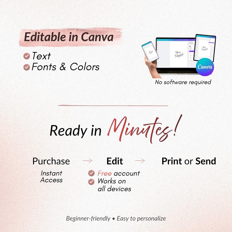 May include: A digital template graphic featuring the text Editable in Canva, Ready in Minutes, Purchase, Edit, Print or Send, and Beginner-friendly. It displays icons of a smartphone, a laptop, and a tablet showing a blank document interface.