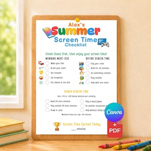 Editable Summer Screen Time Checklist for Kids, Canva Template, Printable Screen Time Rules Chart, Reward Routine, PDF