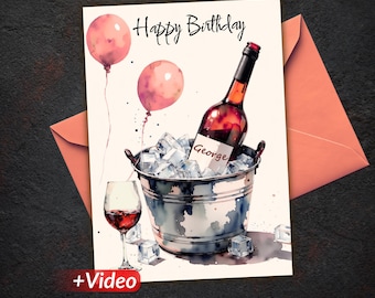 Modello di biglietto di compleanno a tema vino - Stampabile, digitale, video animato - Regalo per gli amanti del vino