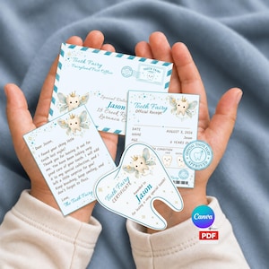 May include: A set of Tooth Fairy stationery including a white envelope with blue stripes, an official receipt, a letter to Jason, and a tooth-shaped certificate. Each item features a cartoon tooth with gold crown and blue wings, plus stars.