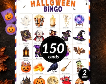 Op de afbeelding: Een Halloween Bingo-spelblad met een raster van 25 geïllustreerde iconen, waaronder een geest, skelet, kristallen bol en pompoen. De tekst luidt HALLOWEEN BINGO, 150 cards, 2 sizes. De rand heeft oranje en paarse strepen.