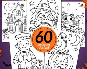 Halloween Coloring Pages, Halloween Coloring Sheets for Kids, 60 Printable, Halloween Activities, Coloring Book PDF