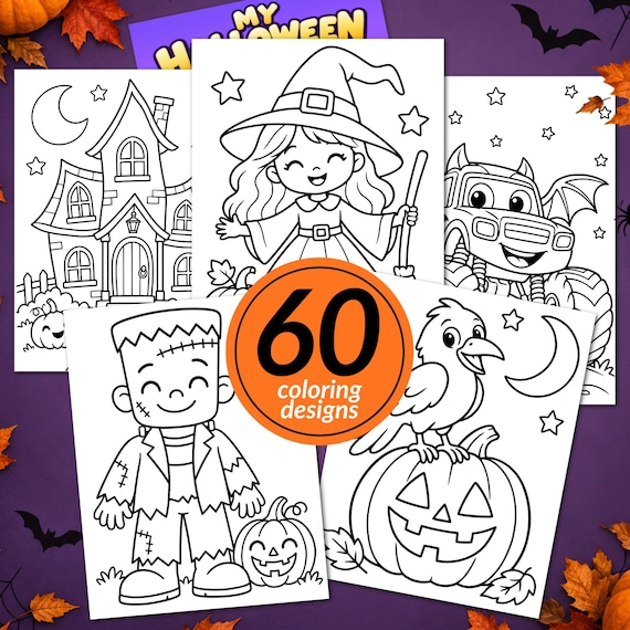 Halloween Coloring Pages, Halloween Coloring Sheets for Kids, 60 Printable, Halloween Activities, Coloring Book PDF