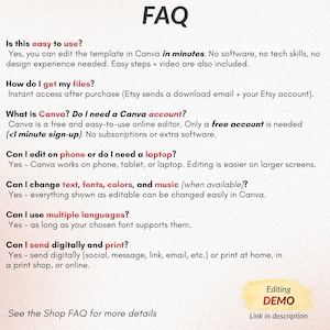 May include: An FAQ information sheet with black text on a light background. It details Canva template editing, file access, account requirements, device compatibility, customization options for text and fonts, language support, and digital or print delivery.