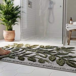 Alfombrilla de baño botánica tejida a mano con diseño de hojas, alfombra de baño floral verde salvia inspirada en la naturaleza, alfombrilla de felpa, tamaño personalizado.