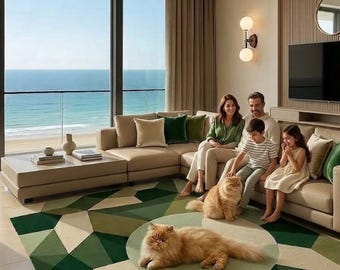 Modern geometrisch groen handgetuft tapijt uit het midden van de eeuw modern vloerkleed op maat gemaakt wollen tapijt abstract decor eigentijds woonkamertapijt boho.
